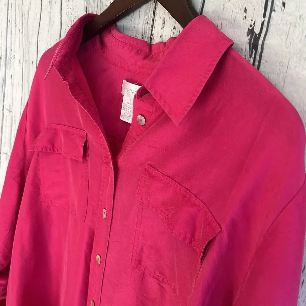 Worthington Womens Hot Pink Button Down Silk Top Size 1X Office Career Colorful